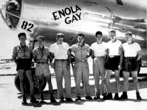 MARIANAS: CREWS The ground crew of the B-29 "Enola Gay" which atom-bombed Hiroshima, Japan. Col. Paul W. Tibbets, the pilot is the center. Marianas Islands.